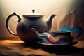 Abstract Elegance: Teapot and Teacup with Colorful Wave Designs