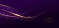 Abstract elegant golden wave on dark purple background with lighting effect and sparkle with copy space for text Royalty Free Stock Photo