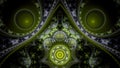 Abstract elegant looking fractal background made out of glowing interconnected rings, circles, arches and balls in green, yellow