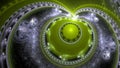 Abstract elegant looking fractal background made out of glowing interconnected rings, circles, arches and balls in green, yellow