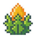 Abstract element for pixel game, green bush or plant with yellow flower, obstacle or danger, decor