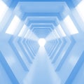 Abstract empty cool blue shining tunnel with light in the end. 3D Render.