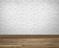Abstract empty interior with wooden floor and white brick wall, square background photo texture Royalty Free Stock Photo