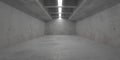 Abstract empty, modern concrete room with center ceiling light string, offset ceiling and rough floor - industrial interior