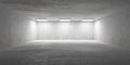 Abstract empty, modern concrete room with line of three square lights on the ceiling and rough floor - industrial interior