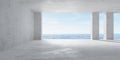 Abstract empty, modern concrete room with opening with ocean view in the back wall, pillars and rough floor - industrial interior