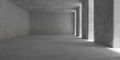 Abstract empty, modern concrete room with pillars and openings on the right wall and rough floor - industrial interior background