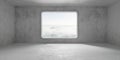 Abstract empty, modern concrete room with rounded square rectangle window opening in the back wall and cloudy mountain view -