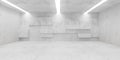 Abstract empty, modern concrete room with vertical ceiling lights, random offset block back wall and rough floor - industrial
