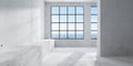 Abstract empty, modern concrete room with window with ocean view, sun light and rough floor - industrial interior background Royalty Free Stock Photo