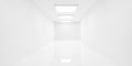 Abstract empty, modern white hallway with square lights and shiny floor - modern, liminal interior background template