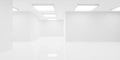 Abstract empty, modern white room with connecting hallway with square lights and shiny floor - modern, liminal interior background