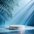 Abstract empty white podium with leaves shadows on blue background. Mock up stand for product presentation. 3D Render. Minimal Royalty Free Stock Photo