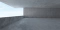 Abstract empty, wide space modern concrete room with balcony opening with ocean view on the left and rough floor - industrial Royalty Free Stock Photo