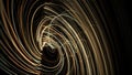 Abstract energy tunnel in outer space. Animation. Flowing vortex energy of many golden bended lines on black background Royalty Free Stock Photo