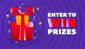 Abstract enter to win banner with illustration of red gifts with ribbon and golden stars decoration.