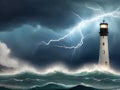 Abstract epic digital painting of a lighthouse battling the elements.