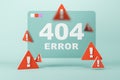 Abstract 404 error with caution marks on background. Page not found mistake and support concept. 3D Rendering