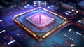 Abstract ethereum(ETH) coin on the background of a circuit board innovations, 3D rendering, Generative AI illustrations