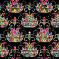 Abstract ethnic style geometric seamless pattern. Vector ornamental tribe background with geometrical colorful flowers, shapes, e Royalty Free Stock Photo