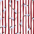 Abstract exotic zoo seamless pattern with random crane bird silhuettes print. Red and white striped background