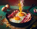 Abstract exploding photon colorful breakfast with bacon and eggs in a cast iron skillet acrylic paint