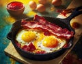 Abstract exploding photon colorful breakfast with bacon and eggs in a cast iron skillet acrylic paint