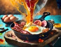 Abstract exploding photon colorful breakfast with bacon and eggs in a cast iron skillet acrylic paint