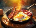 Abstract exploding photon colorful breakfast with bacon and eggs in a cast iron skillet acrylic paint