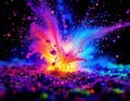 Abstract explosion of colorful particles on black background. 3D Rendering. Chromatic Burst Royalty Free Stock Photo