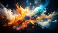Abstract explosion of colorful smoke and spheres against a dark background. Royalty Free Stock Photo