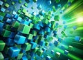 Abstract Explosion of Dynamic Green and Blue Cubes A Striking Visual Representation of Energy and Motion for Creative Royalty Free Stock Photo