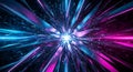 Abstract explosion of geometric shards with vibrant neon blue and purple light beams Royalty Free Stock Photo