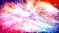 Abstract explosion of multicolored shiny particles like sparkles with light rays like laser show. 3d abstract background Royalty Free Stock Photo