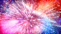 Abstract explosion of multicolored shiny particles like sparkles with light rays like laser show. 3d abstract background Royalty Free Stock Photo