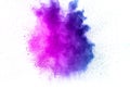 Abstract explosion of purple dust on white background.Abstract purple powder splatter on white background Royalty Free Stock Photo