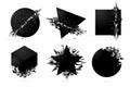 Abstract explosion shapes set with black particles. Bang futuristic design elements collection. Design templates.