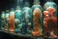 Abstract expressionist art style , many strange sea creatures in specimen jars Royalty Free Stock Photo
