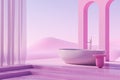 Abstract exterior with bathtub, pink arch and landscape