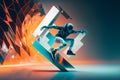 Abstract extreme sports lover performs leap into infinity with fictional skateboard or snowboard. Neural network