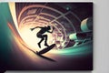 Abstract extreme sports lover performs leap into infinity with fictional skateboard or snowboard. Neural network