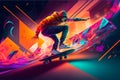 Abstract extreme sports lover performs leap into infinity with fictional skateboard or snowboard. Neural network