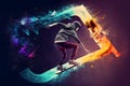 Abstract extreme sports lover performs leap into infinity with fictional skateboard or snowboard. Neural network