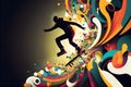 Abstract extreme sports lover performs leap into infinity with fictional skateboard or snowboard. Neural network
