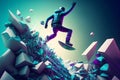 Abstract extreme sports lover performs leap into infinity with fictional skateboard or snowboard. Neural network