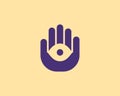 Abstract eye in the hand palm logo design. Universal minimalistic mystic, optic, vision vector sign symbol logotype.