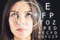 Abstract eyesight image with attractive european woman portrait, digital eye lens and letters on dark background. Optical surgery