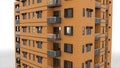 Abstract facade of the residential high-rise building isolated on white background. Stock footage. Animated 3D model of