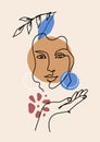 Abstract face art. Woman beautiful portrait with hands and leaves. One line drawing, outline young girl head with Royalty Free Stock Photo