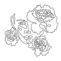 Abstract face with flowers - one line vector drawing. Minimalistic style portrait. Botanical print. Fashion print. Beaty